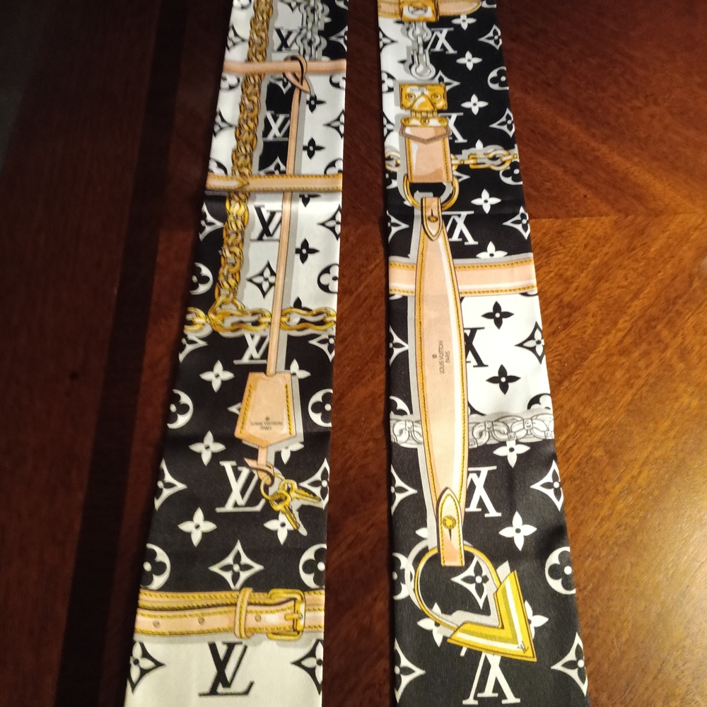 Louis Vuitton Black and White Monogram Twilly with Gold Accents